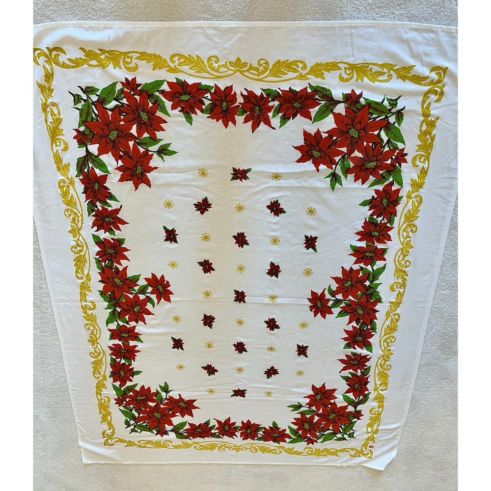 Vintage Tastemaker Christmas Poinsettia Cotton Tablecloth 67x51 USA Used